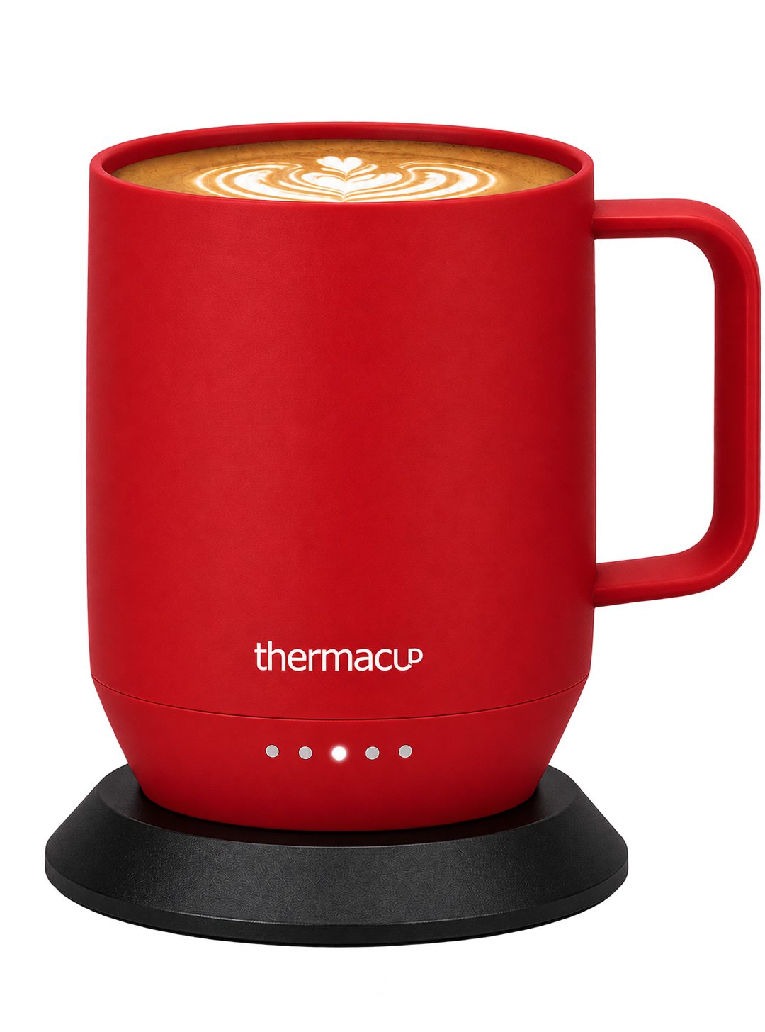 Cherry Red Thermacup self-heating mug on its charging coaster