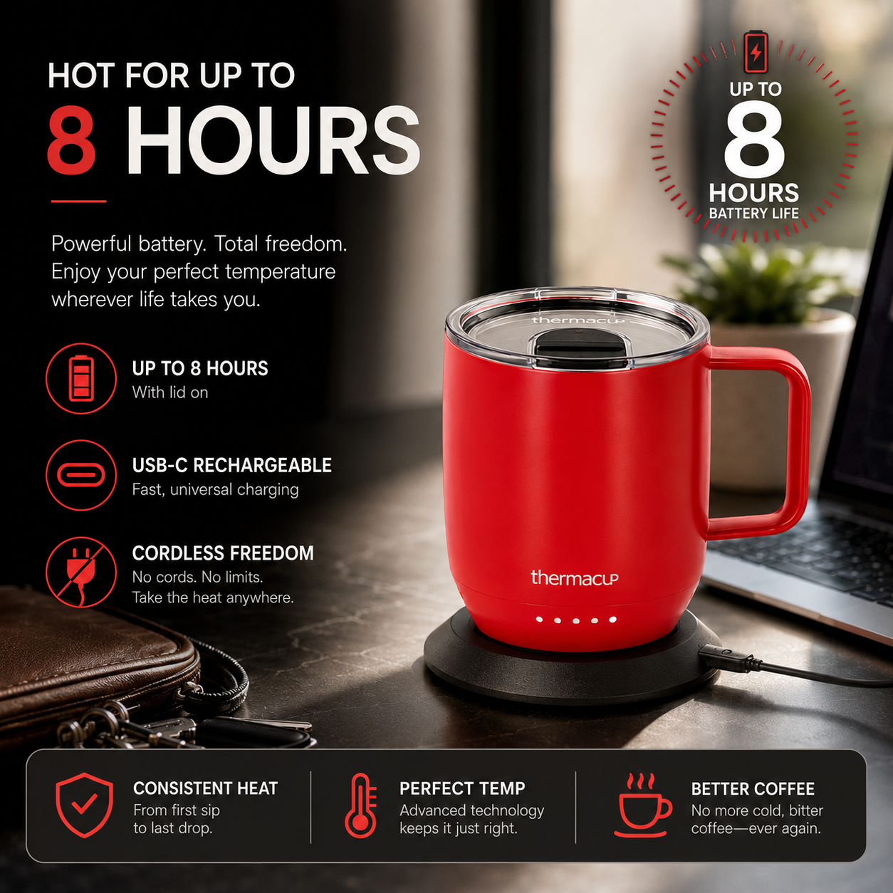 THERMACUP Premium Heated Coffee Mug with 5 Temperature Settings, Industry-Leading Smart Electric Cup, Up to 8-Hour Battery, 12oz with Lid (14oz Total Capacity)