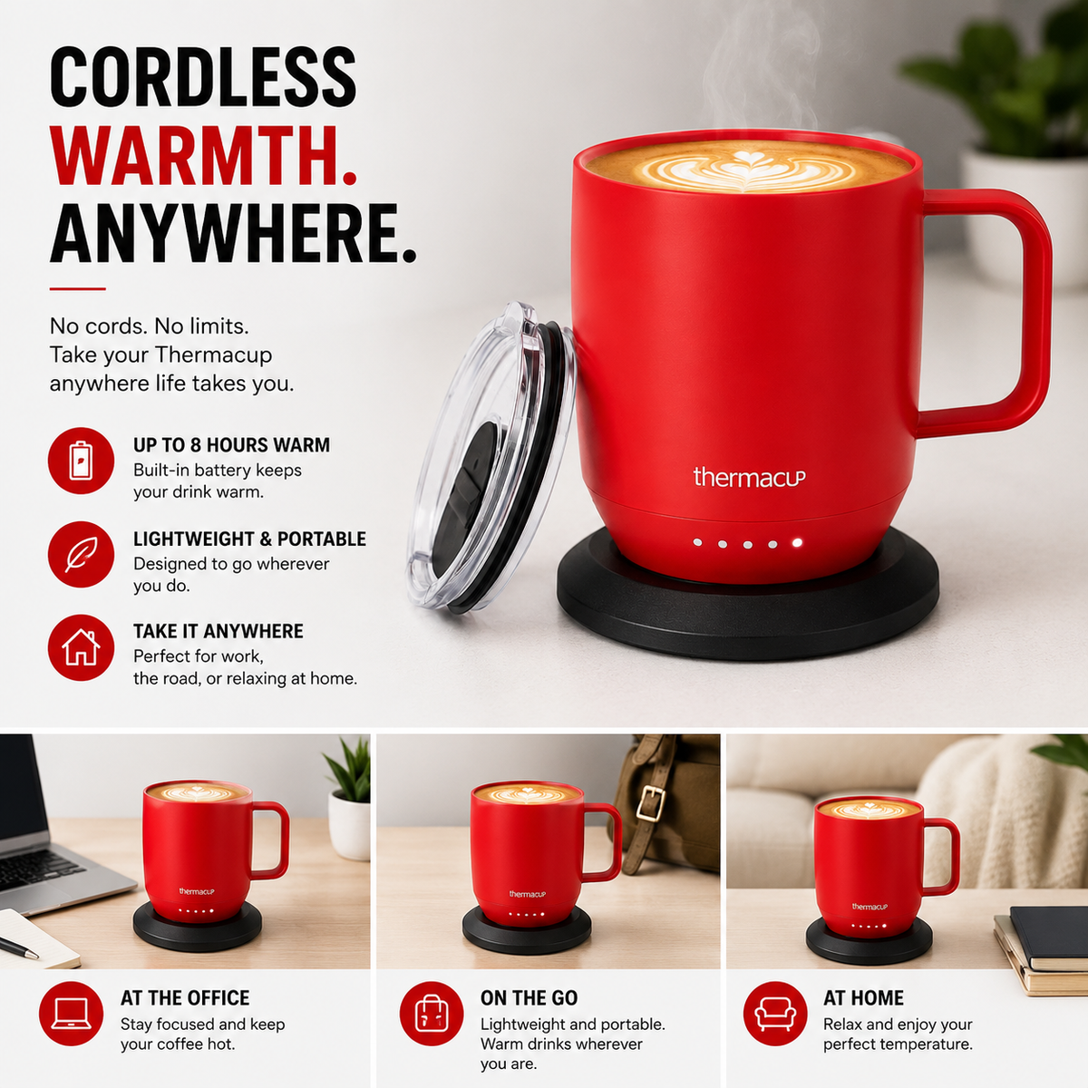 THERMACUP Premium Heated Coffee Mug with 5 Temperature Settings, Industry-Leading Smart Electric Cup, Up to 8-Hour Battery, 12oz with Lid (14oz Total Capacity)