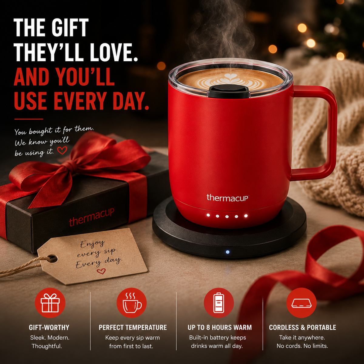 THERMACUP Premium Heated Coffee Mug with 5 Temperature Settings, Industry-Leading Smart Electric Cup, Up to 8-Hour Battery, 12oz with Lid (14oz Total Capacity)