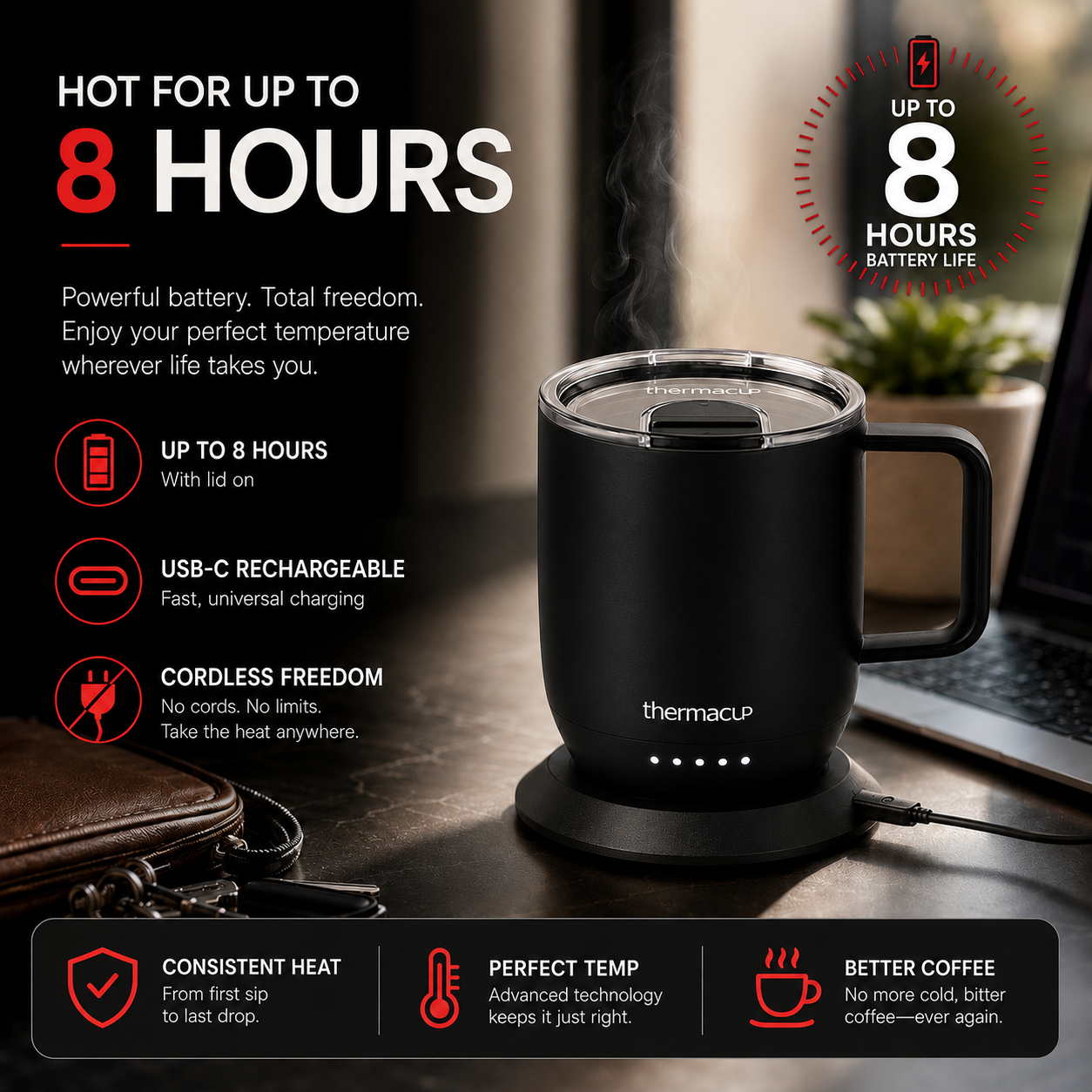 THERMACUP Premium Heated Coffee Mug with 5 Temperature Settings, Industry-Leading Smart Electric Cup, Up to 8-Hour Battery, 12oz with Lid (14oz Total Capacity)