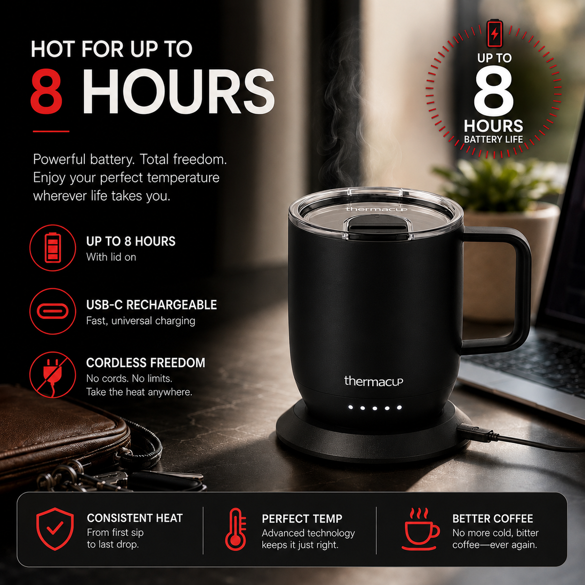 THERMACUP Premium Heated Coffee Mug with 5 Temperature Settings, Industry-Leading Smart Electric Cup, Up to 8-Hour Battery, 12oz with Lid (14oz Total Capacity)