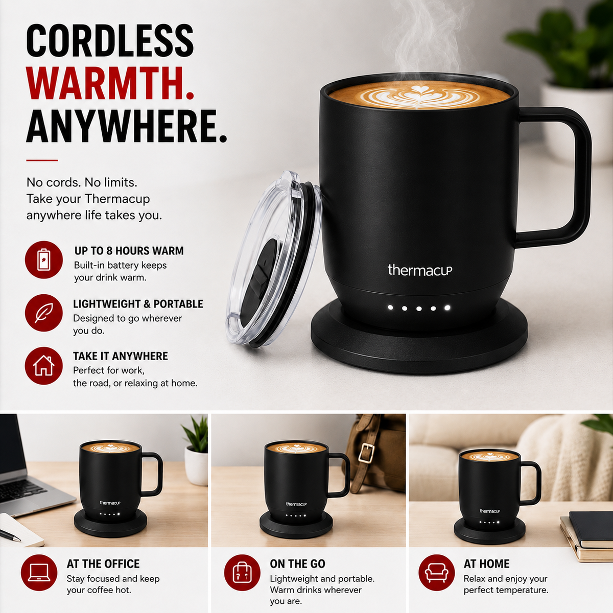 THERMACUP Premium Heated Coffee Mug with 5 Temperature Settings, Industry-Leading Smart Electric Cup, Up to 8-Hour Battery, 12oz with Lid (14oz Total Capacity)