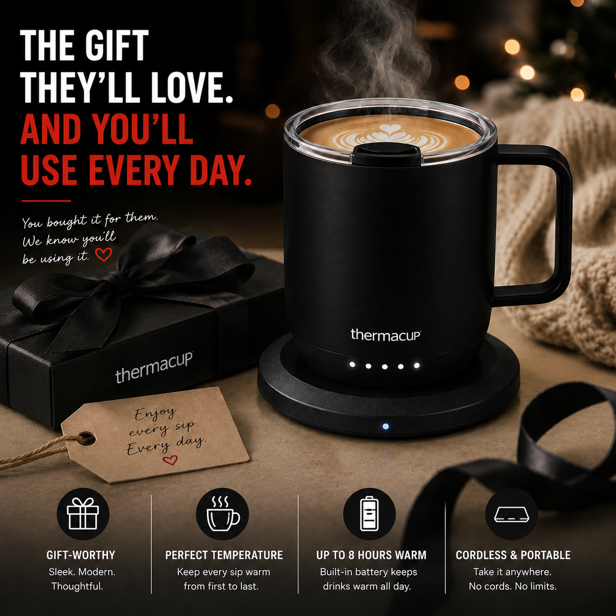 THERMACUP Premium Heated Coffee Mug with 5 Temperature Settings, Industry-Leading Smart Electric Cup, Up to 8-Hour Battery, 12oz with Lid (14oz Total Capacity)