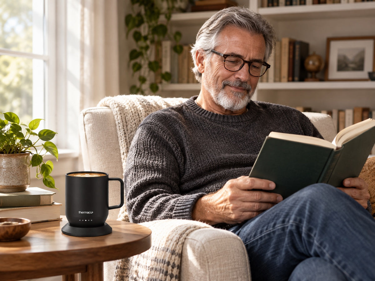 A dad reading at home with a black Thermacup beside him