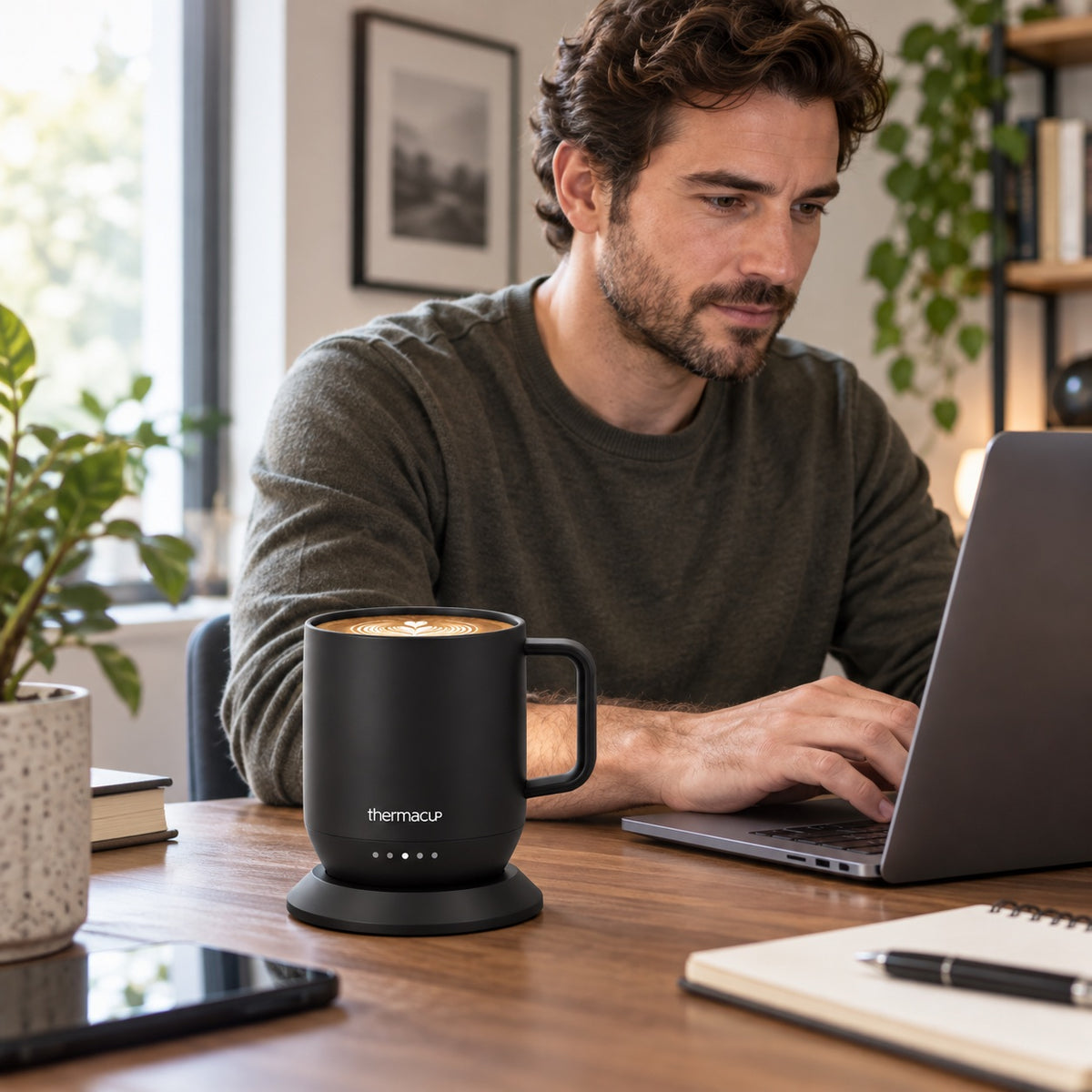 A man working at his home desk with a black Thermacup next to his laptop