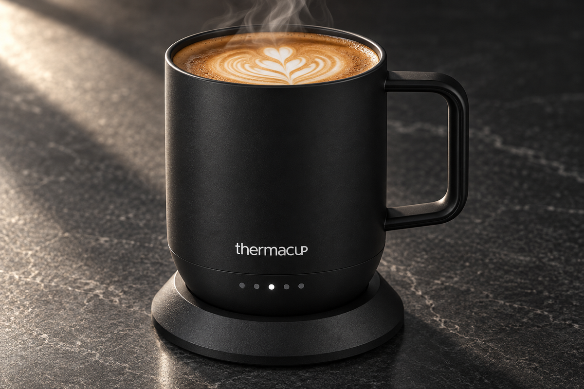 Black Thermacup with coffee, matte finish, and five LED indicators