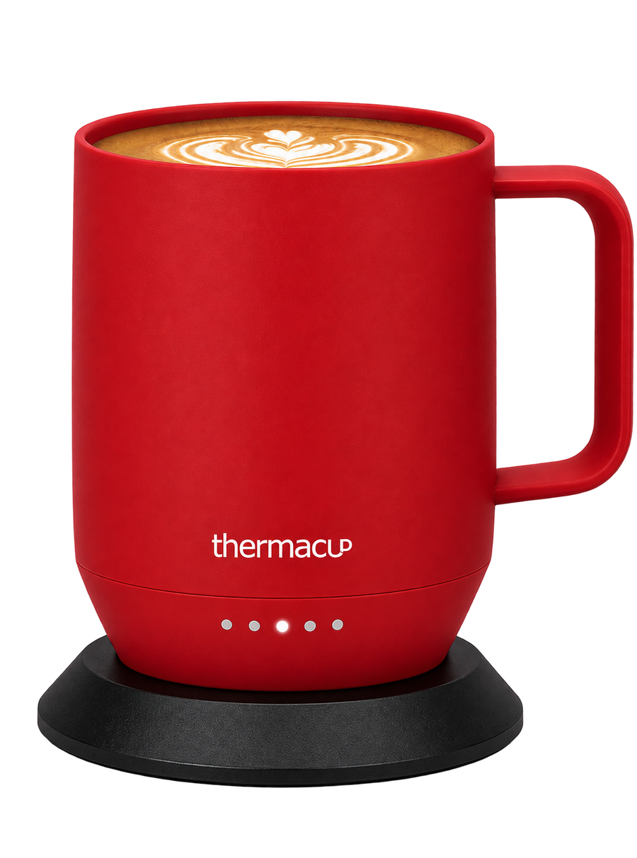 Cherry Red Thermacup on its charging coaster